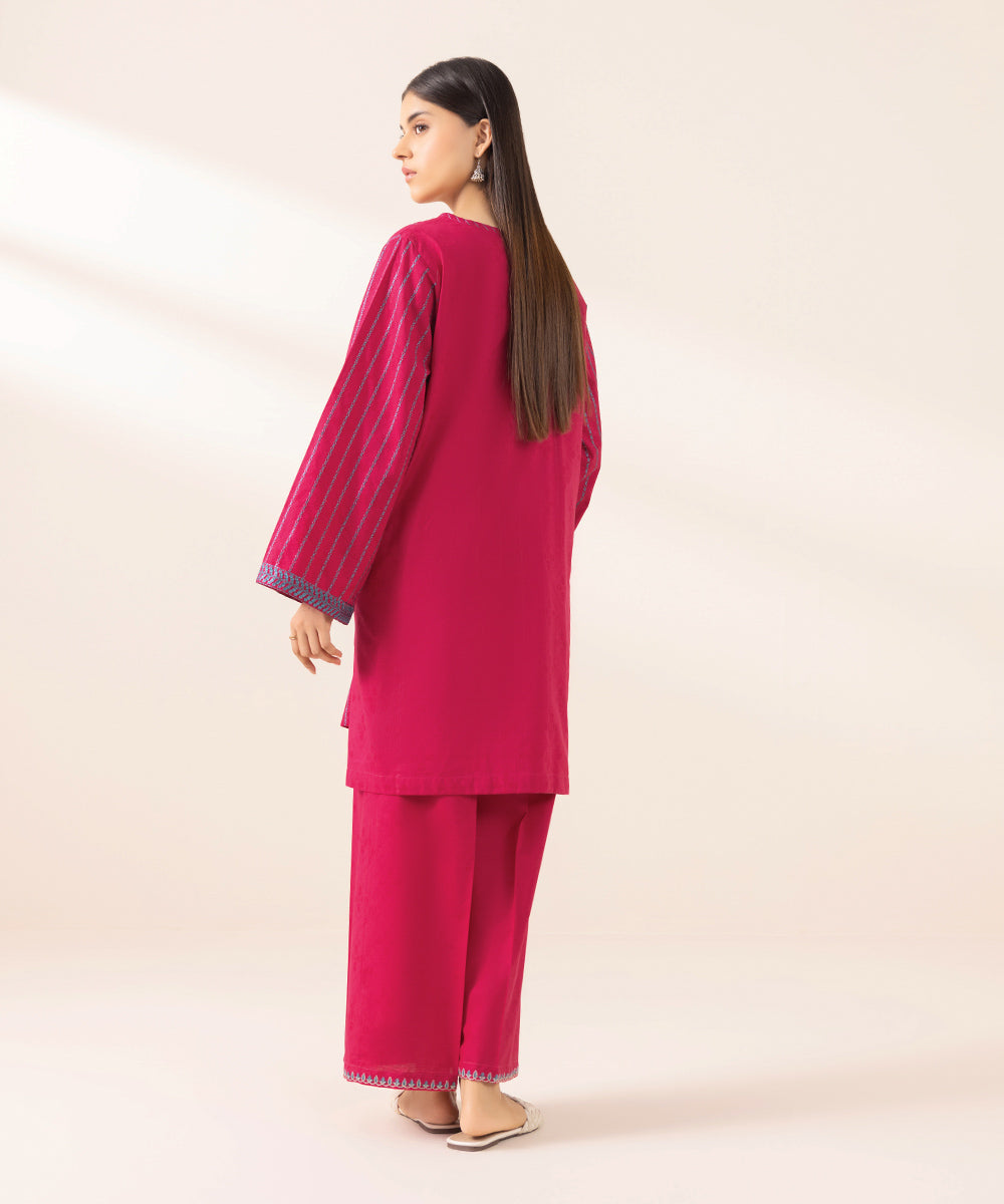 Sapphire Women's Pret Cotton Jacquard Solid Embroidered Pink A-Line Shirt For Women - Women RTW / Stitched. 