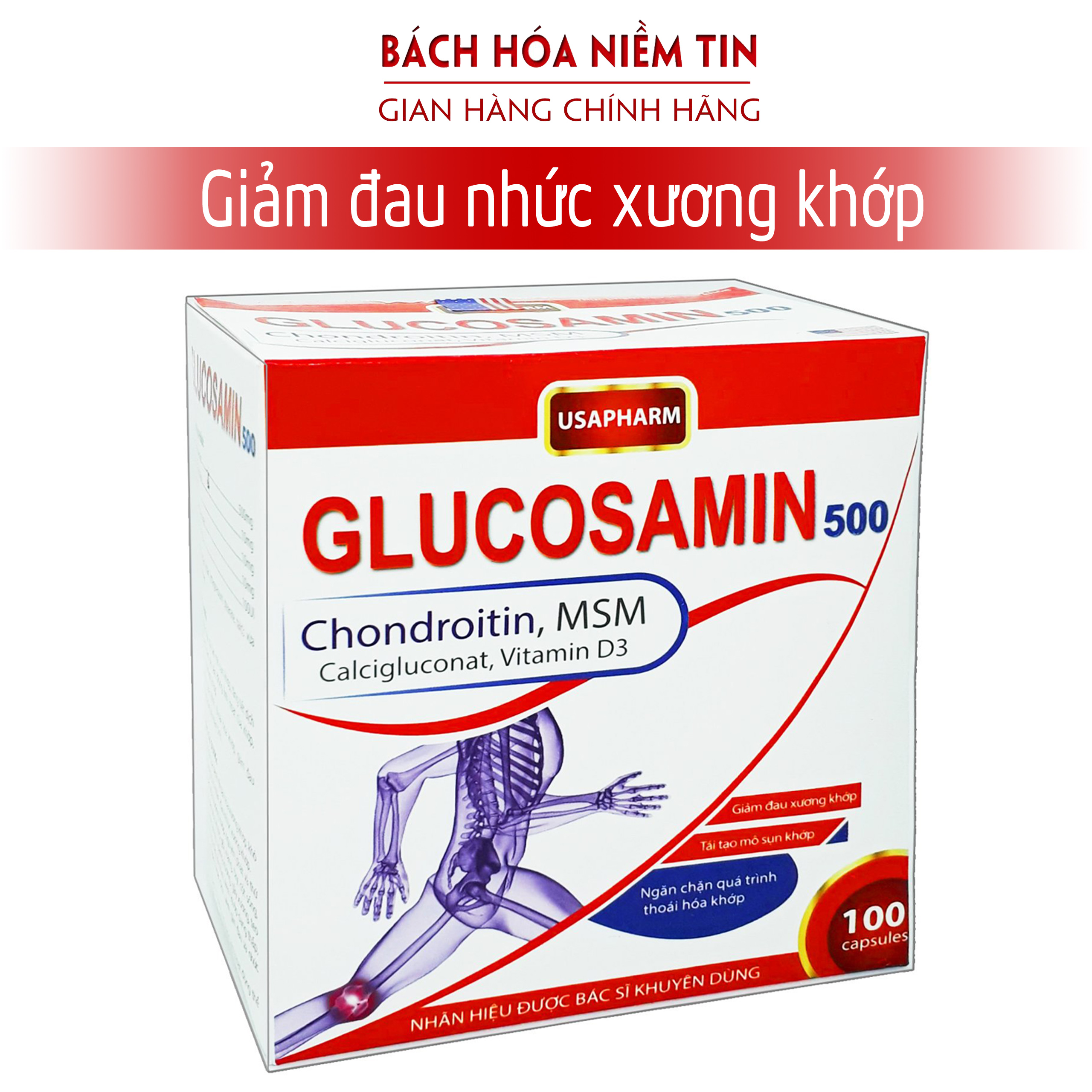 GLUCOSAMIN 500 - Hàng chính hãng Hết đau nhức xương khớp, thoái hóa cột sống, giúp vận động dễ dàng - Hộp 100 viên