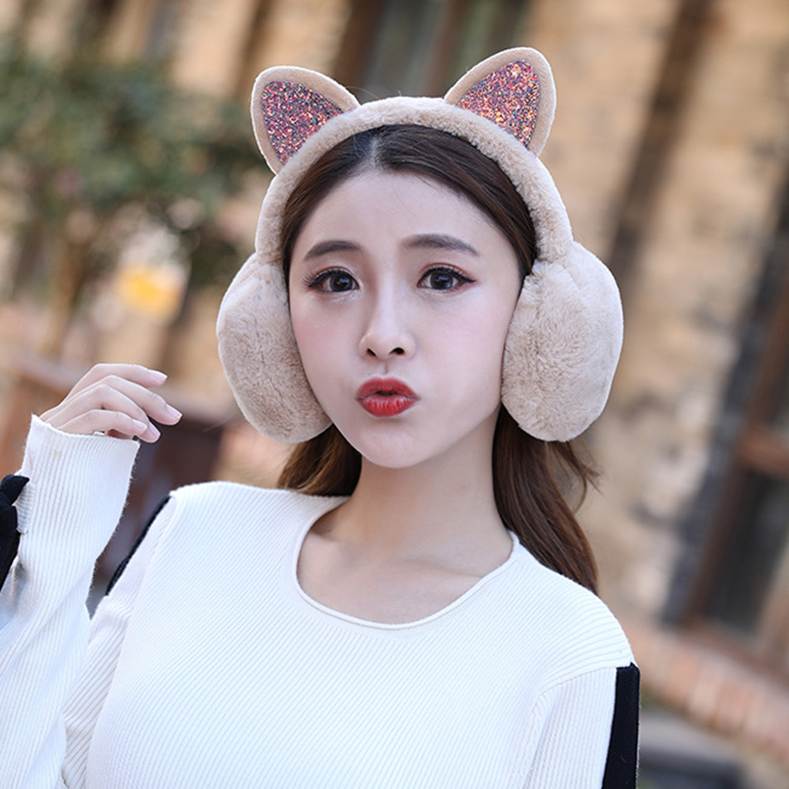 [huahankuang] Ear Muff Sequined Ears Winter Thicken Windproof Ear Warmer for Outdoor