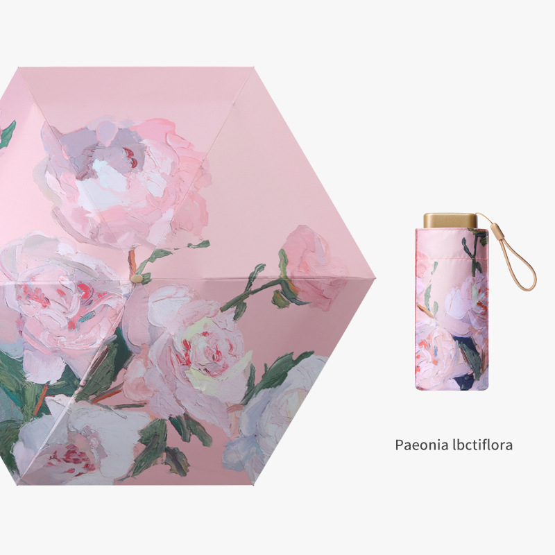 Umbrella Light oil painting vinyl umbrella Titanium gold sunblock folding umbrella compact and convenient capsule umbrella Clear umbrella six fold sun umbrella
