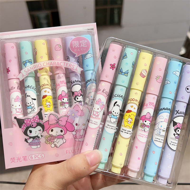 %E3%80%90The%20Quiet%20Page%E3%80%916pcs/set%20Sanrio%20Fluorescent%20Pen%20Cute%20Box%20High%20Color%20Marker%20Pen%20Kuromi%20Multi-Function%20Fluorescent%20Pen%20Beveled%20Pen%20Head%20-%20Image%203