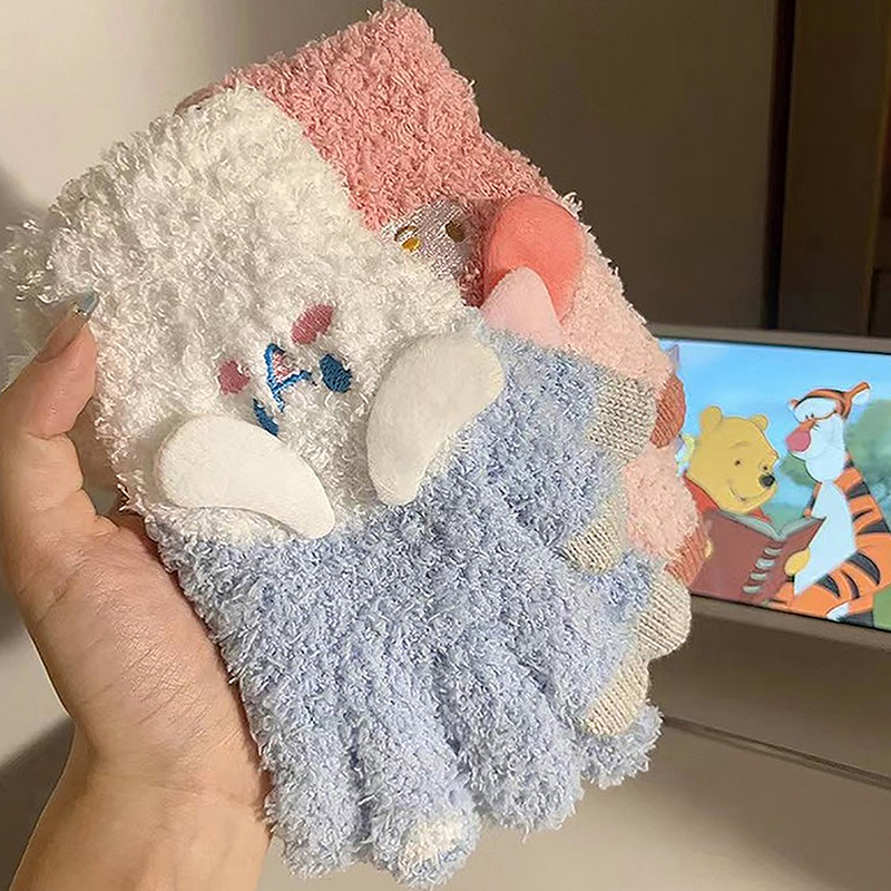 Cute Sanrio Kuromi Melody Gloves Plush Coral Winter Warm Gloves Pochacco Cute Gloves Student Cycling Five-finger Gloves Bayline.