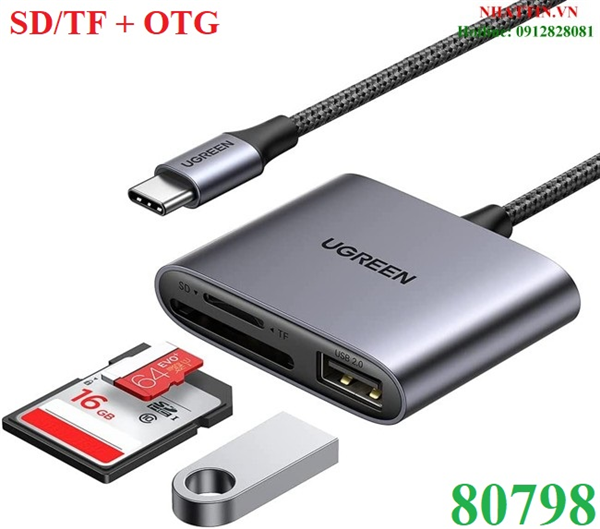 Đầu đọc thẻ sd/tf kèm otg chuẩn usb 3.1 type-c ugreen 80798 vỏ nhôm cao cấp