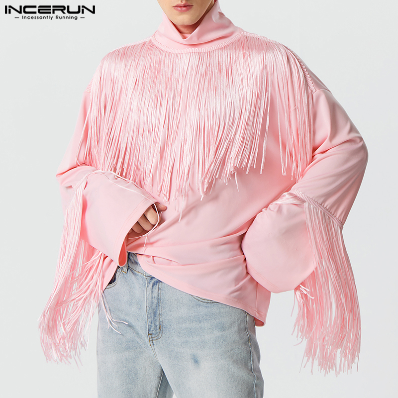 INCERUN Mens Long Sleeve High Neck Personality Party Plain Pullover Tassel Patchwork T-Shirts (Western Style)