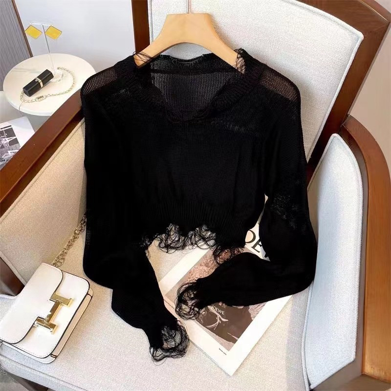 Áo len nữ kiểu rách mỏng croptop cá tính hàng QC