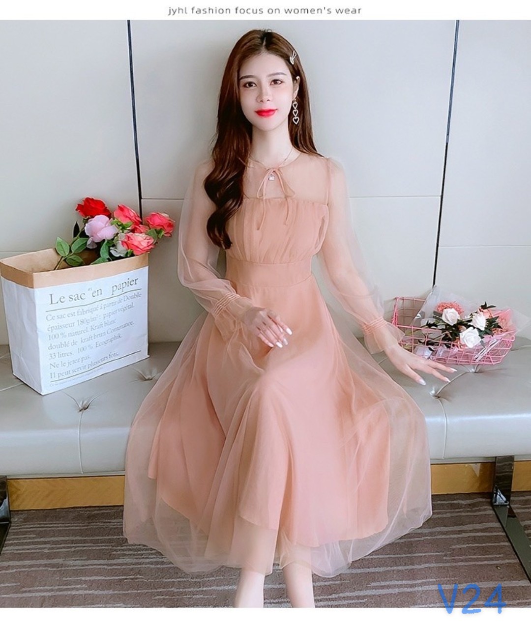 đầm hồng vải lụa tơ tiểu thư xinh lung linh ld22