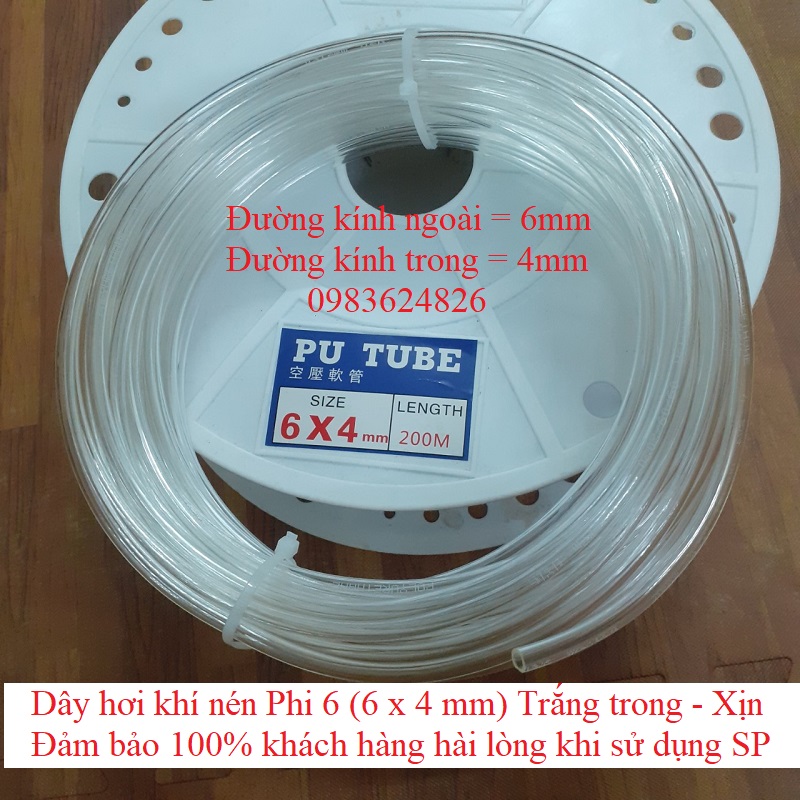 20 Mét Dây hơi khí nén Phi 6 (6*4mm) trắng trong - Xịn