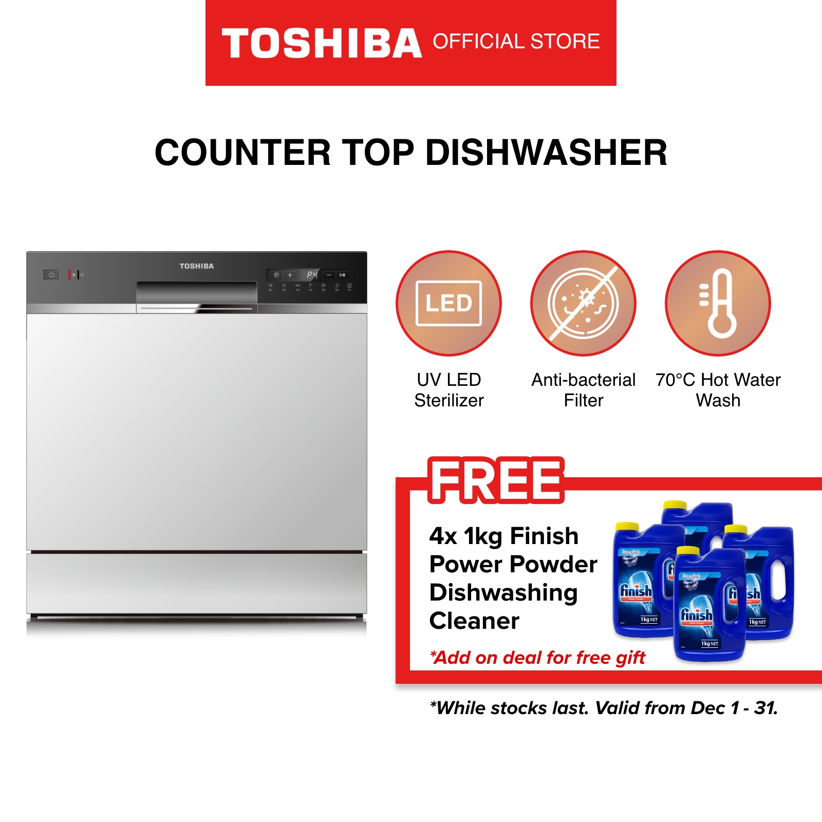 Toshiba DW08T1(S)SG Cool Grey Compact Tabletop Self Cleaning