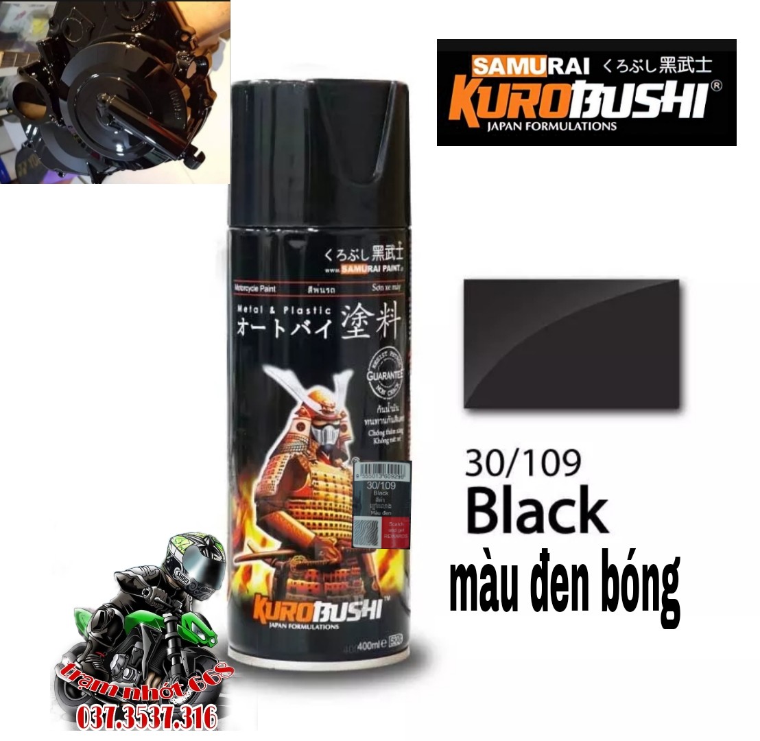 Chai sơn Samurai màu đen bóng 30/109 Black 400ml, sơn xịt xe máy ô tô và mọi chất liệu tiện dụng