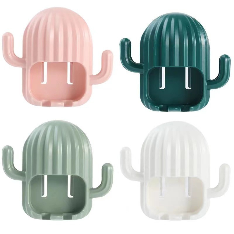 Creative Cactus Shape ABS Toothbrush Holder with Hooks Wall Mounted Toothbrush Storage Rack Bathroom Supplies