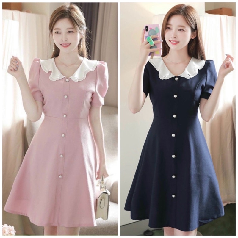 Đầm cổ trắng nút ngọc 2 màu