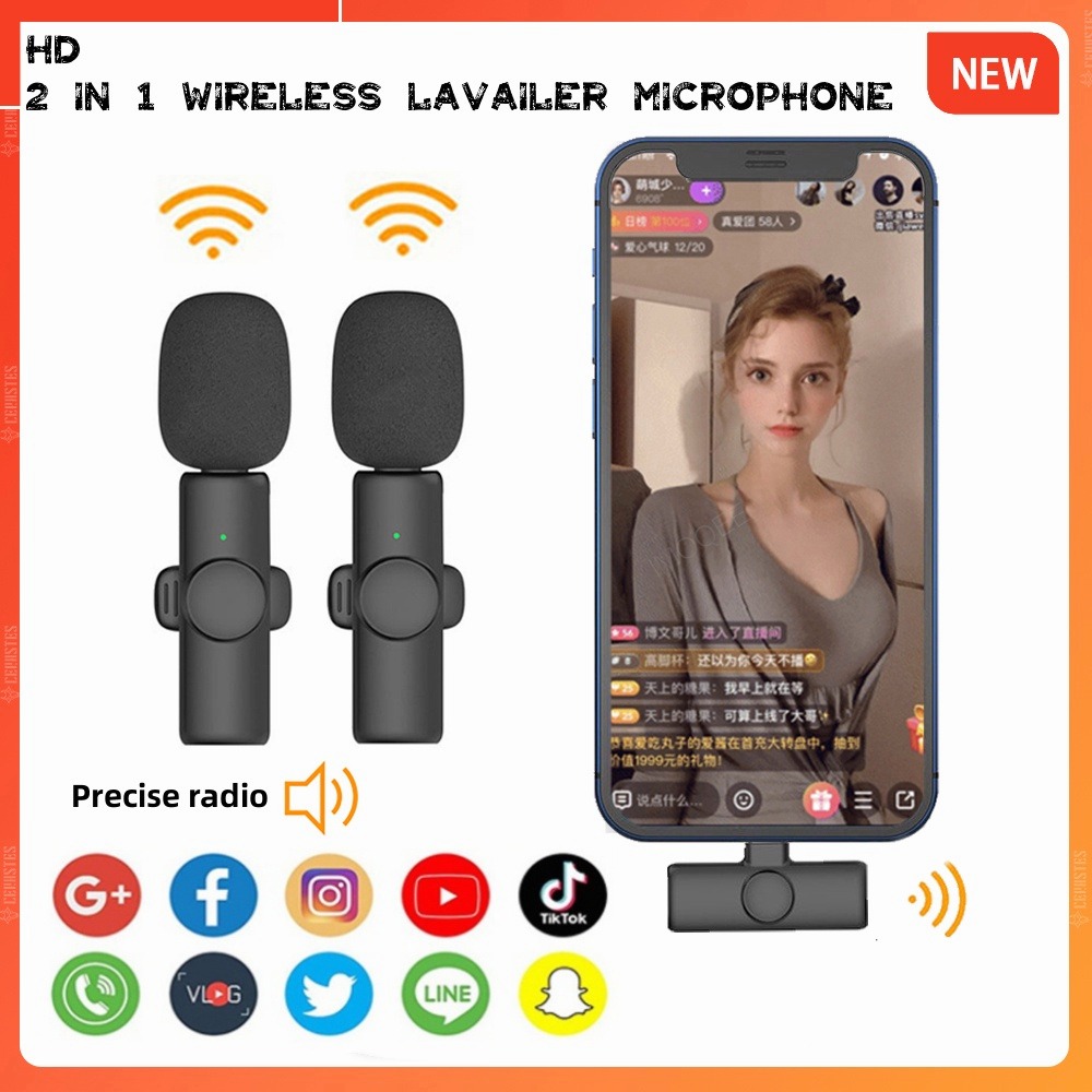 🎙️COD+original+Ready Stock 🎙️K9 Wireless Microphone mic 2.4GHz for iPhone & Type-C with Clip Professional Mic Live Broadcast Mobile