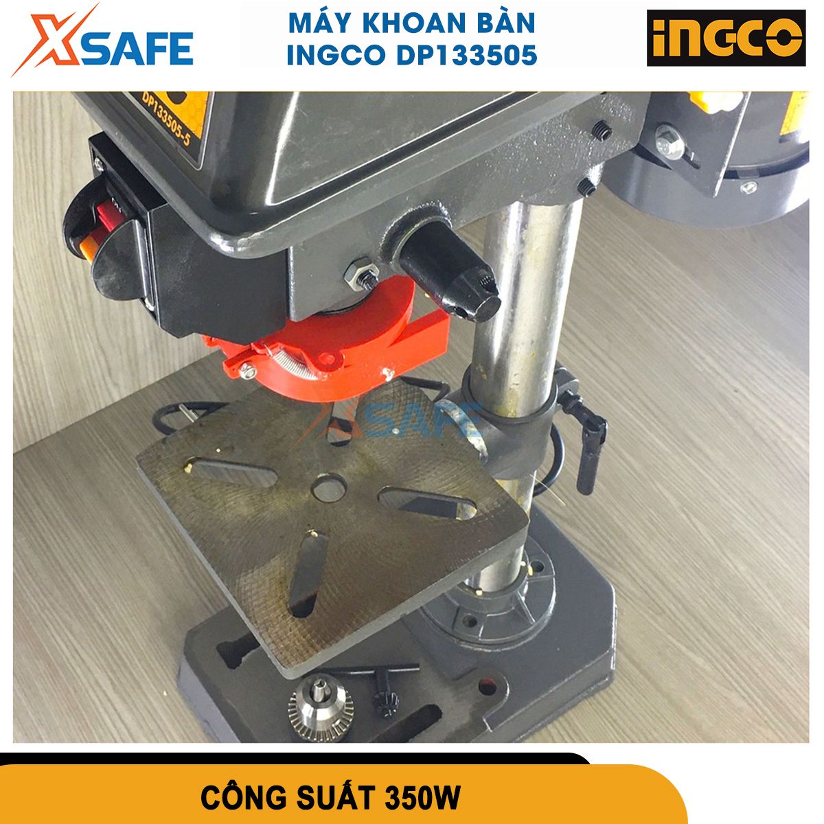 Máy khoan bàn 350W INGCO DP133505 khả năng điều chỉnh bàn khoan, khoan tối đa 13 mm,số mức tốc độ 5, đường kính ống trụ 46 mm, chiều cao máy 590mm, kích thước bàn khoan 160*160 mm, kích thước chân bàn 291*183mm