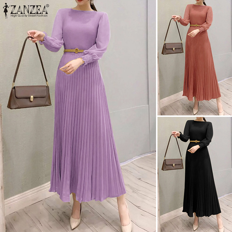 ZANZEA%20Korean%20Style%20Womens%20Elegant%20Crew%20Neck%20Lantern%20Sleeves%20Midi%20Dress%20OL%20Work%20Solid%20Pleats%20A-Line%20Dresses%20-%20Image%204