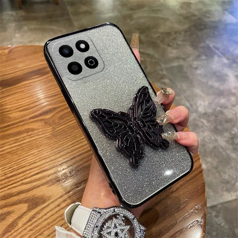 For Honor 200 Smart Case with Cute Butterfly Stand Luxury Slim Gradient Clear Plating Glitter Girls for Honor 200 Smart Back Cover. 