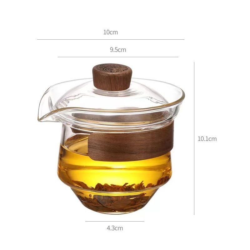 Chén khải tiềm trà 230ml bằng thủy tinh chịu nhiệt borosilicate cao cấp có nắp, núm gỗ tre