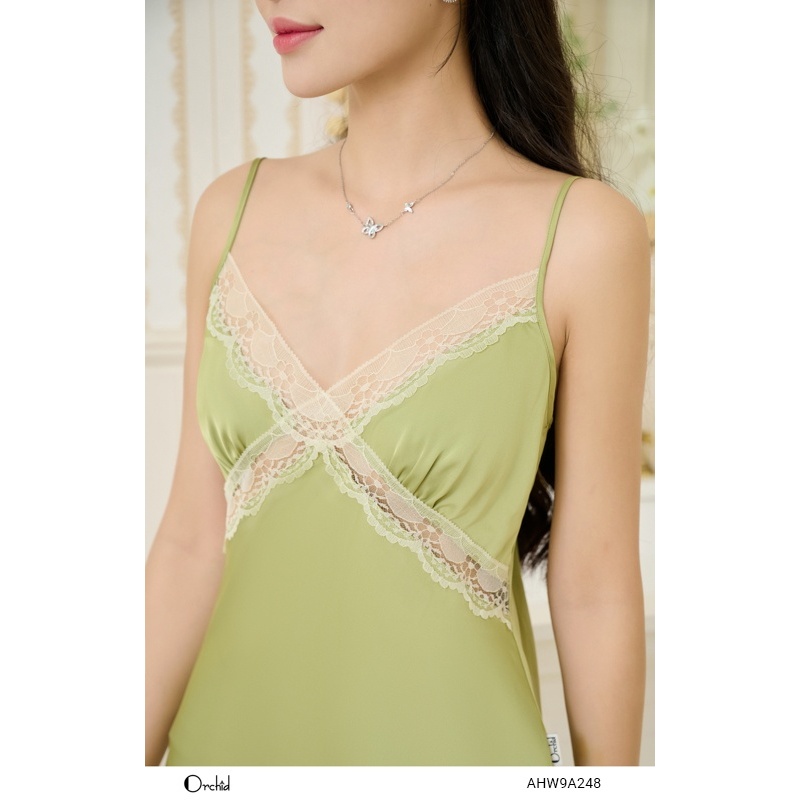 Đầm lụa 2 dây mặc nhà thiết kế cổ phối ren Orchid - AHW9A248
