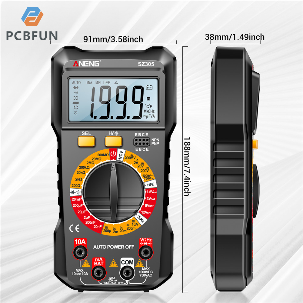 pcbfun Aneng Sz304 Sz305 Multimeter Volt Ohm Amp Meter Autoranging For Ac/dc Current Voltage Resistance Frequency Tester Maximum Count 2000