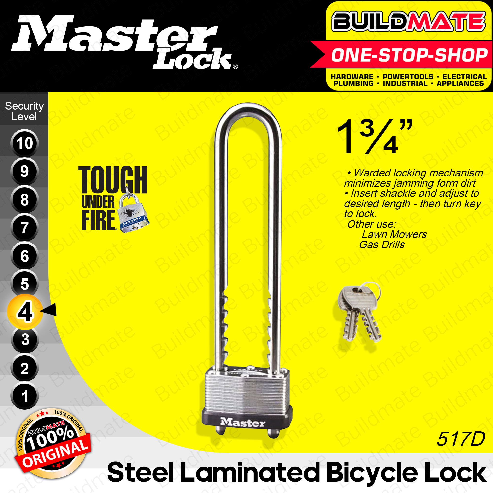 MASTER LOCK Steel Laminated Bike Bicycle Lock 517D 13/4'' 100