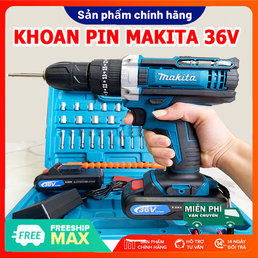 Máy khoan pin cầm tay makita 36v,máy khoan điện makita,máy khoan không dây 2 pin 36v tặng kèm 24 phụ kiện