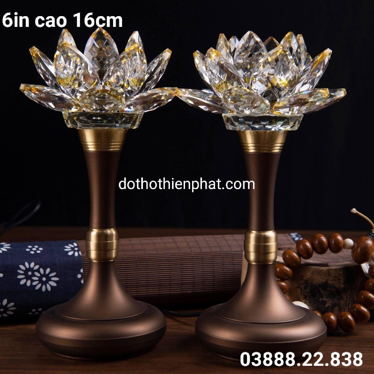 Cặp đèn thờ đá pha lê 6in cao cấp