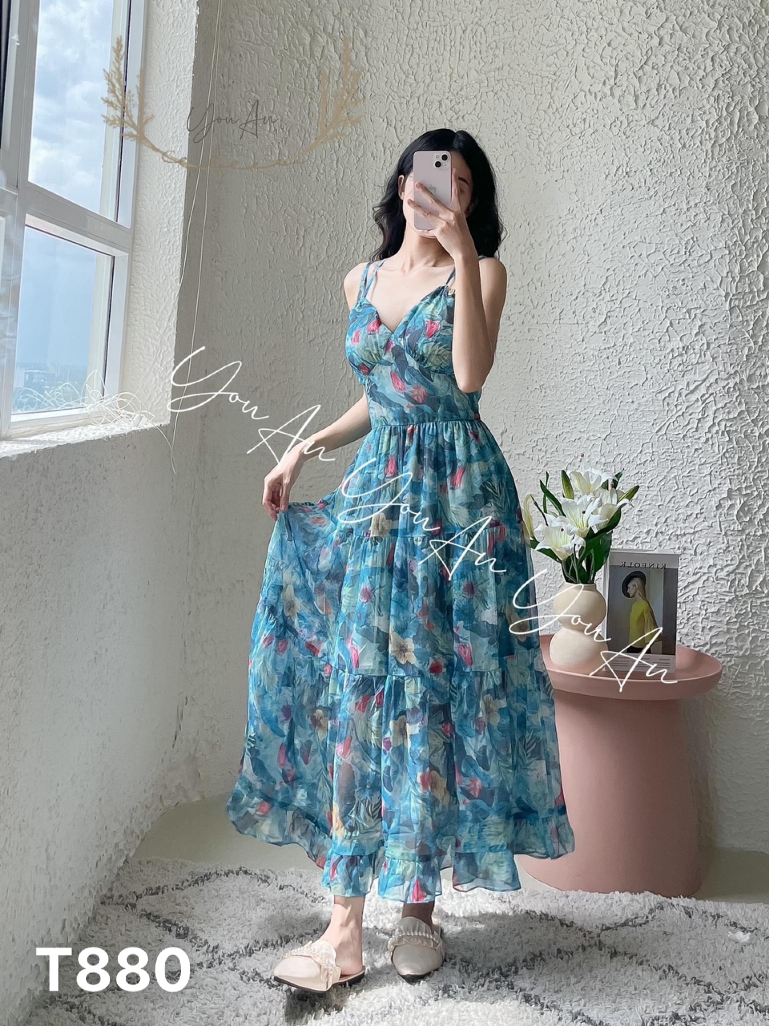 Maxi lụa nữ 2 dây đi biển voan hoa chingfon có mút T880