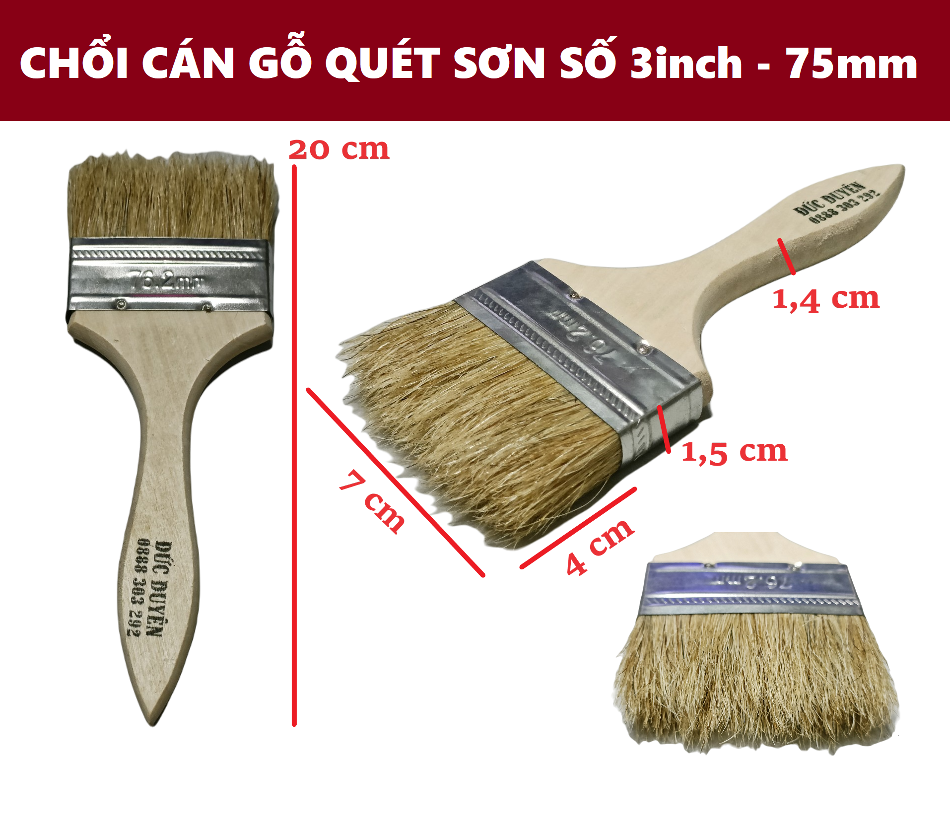 Chổi quét sơn cán gỗ Đức Duyên số 3 inch - 75 mm