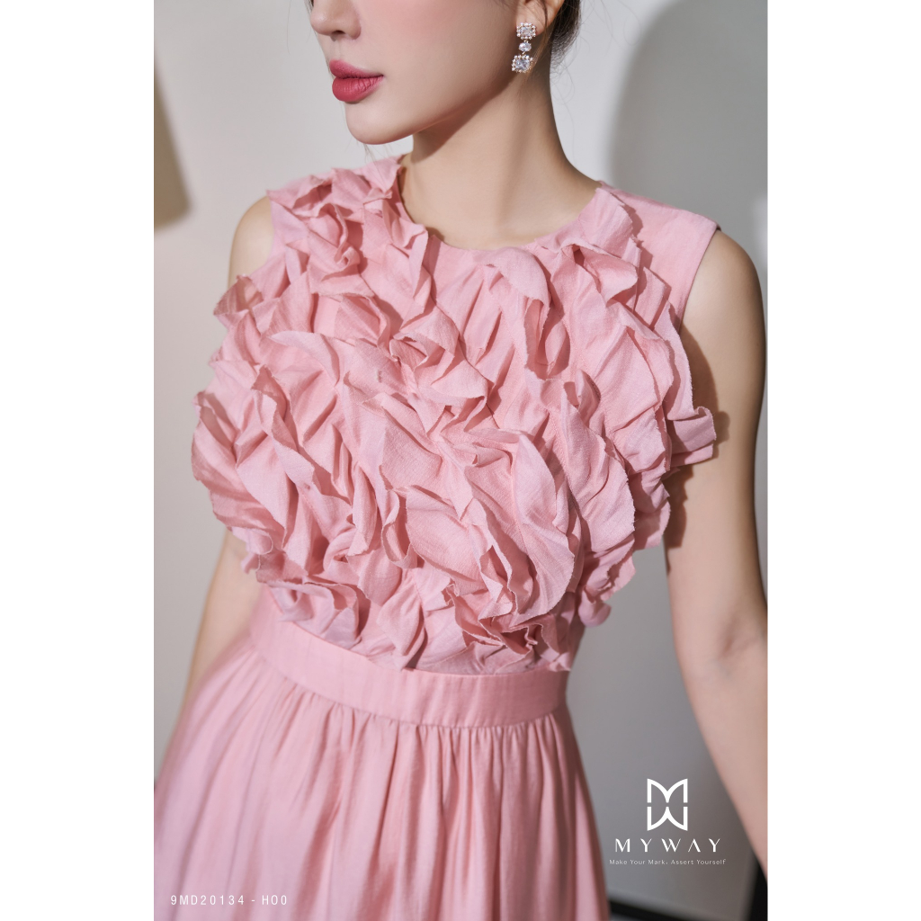 Đầm dự tiệc nữ my way sát nách phối bèo ngực sang trọng 9md20134 ho0