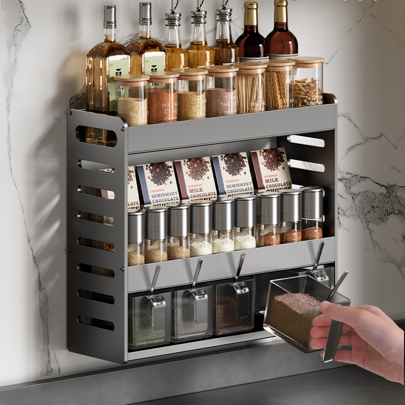 Kitchen shelves, non-perforated, multi-layer countertops, wall-mounted condiment bottles and jars, save space,spice storage boxes, hanging shelves