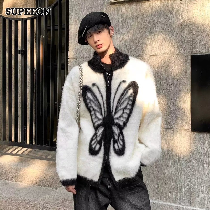 SUPEEON Men s American Retro Butterfly Knitted Cardigan Lazy style color