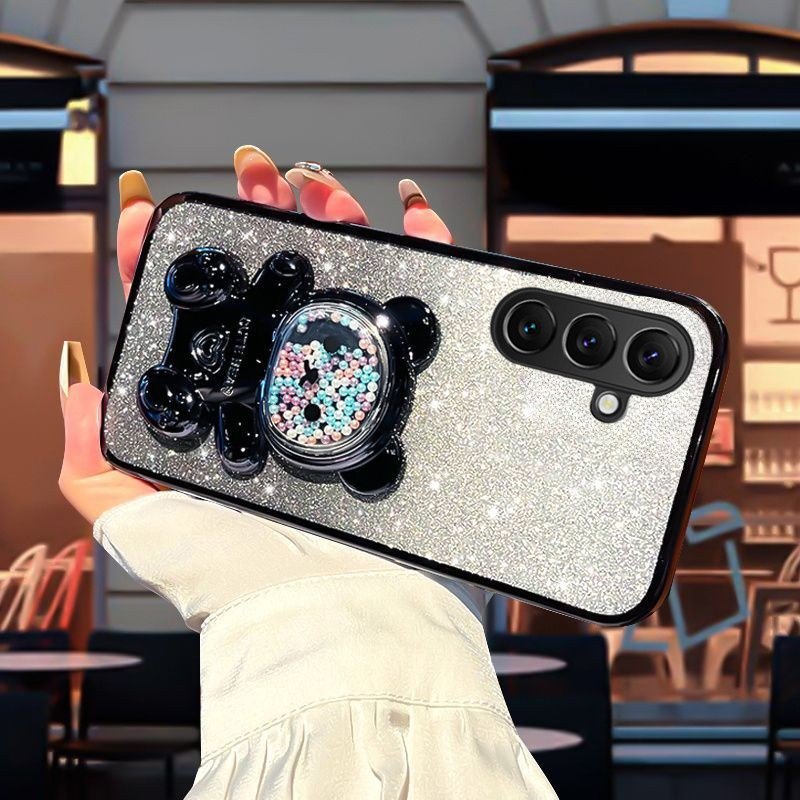 New Phone case Smasung A07 A17 with Gradient 3D Bear Folding Stand Bracket Luxury Slim Plating Glitter Girls For Samsung Galaxy A07 A17 case.