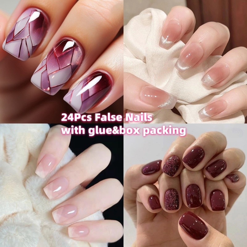 BTS%20%E3%80%90WITH%20GLUE%E3%80%9124Pcs%20Fake%20Nails%20French%20Almond%20Shap%20False%20Nails%20Wearable%20Press%20on%20Nails%20Stylish%20Pattern%20Red%20Artificial%20Nails%20Full%20Cover%20Nail%20Art%20-%20Image%202