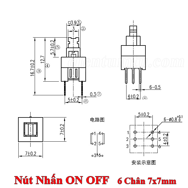 5 Cái - Nút Nhấn ON OFF 6 Chân 7x7 mm
