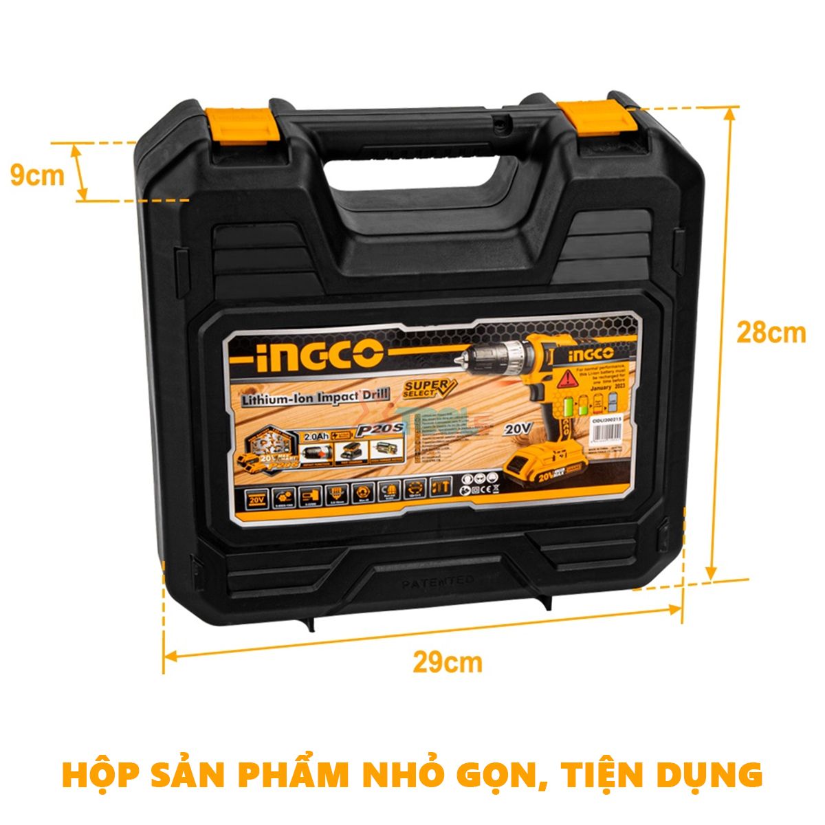 Máy khoan cầm tay dùng pin 20V INGCO máy khoan búa, khoan vặn vít 3 chức năng, kèm 2 pin sạc, tặng mũi khoan vặn vít, mũi khoan 0.8-10mm