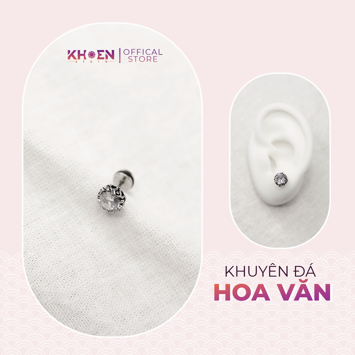 (1 Chiếc) Khuyên tai đá viền hoa văn - Khoen Store