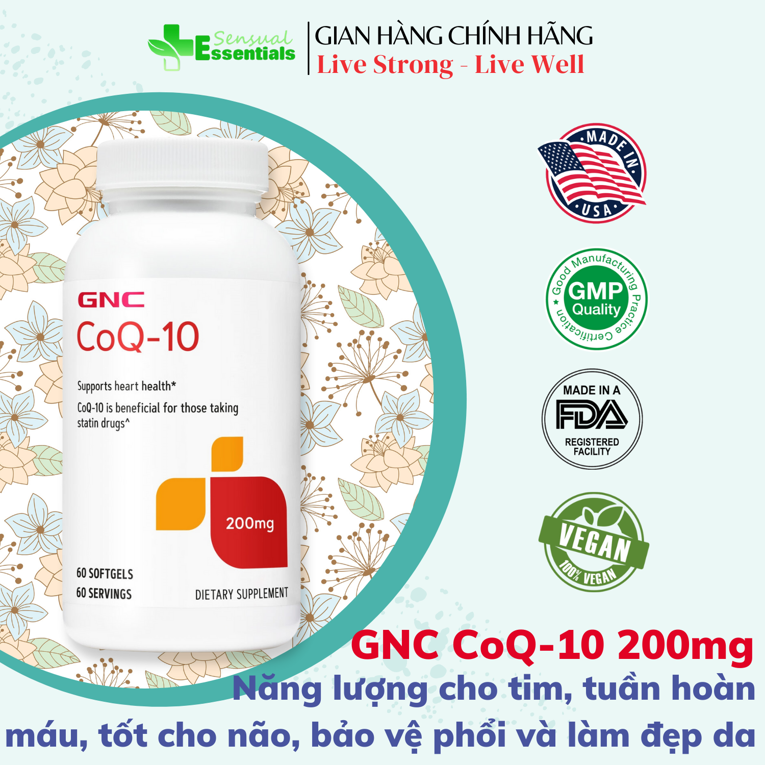 [CHÍNH HÃNG] Viên uống bổ sung CoQ-10 GNC hỗ trợ năng lượng tim, tuần hoàn máu, tốt cho não, phổi, chống lão hóa và làm đẹp da