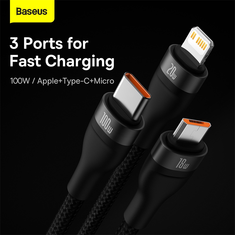 Baseus 3 in 1 USB Type C Cable 100W Fast Charging Data Cable for iPhone 13 Pro Phone Charger for Xiaomi Samsung Micro USB Cable