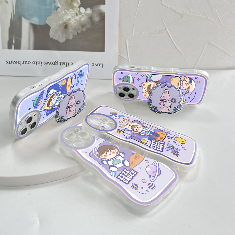 TA for Vivo Y17S Back Cover Cute Space Girl Fashion Wavy Phone Case With Free Holder Camera Protection Transparent TPU Soft Cover.