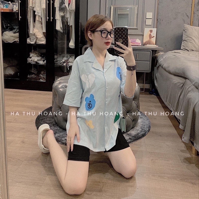 Set Bộ Đồ Nữ Áo Sơ Mi Tim Phối Quần Legging Co Giãn