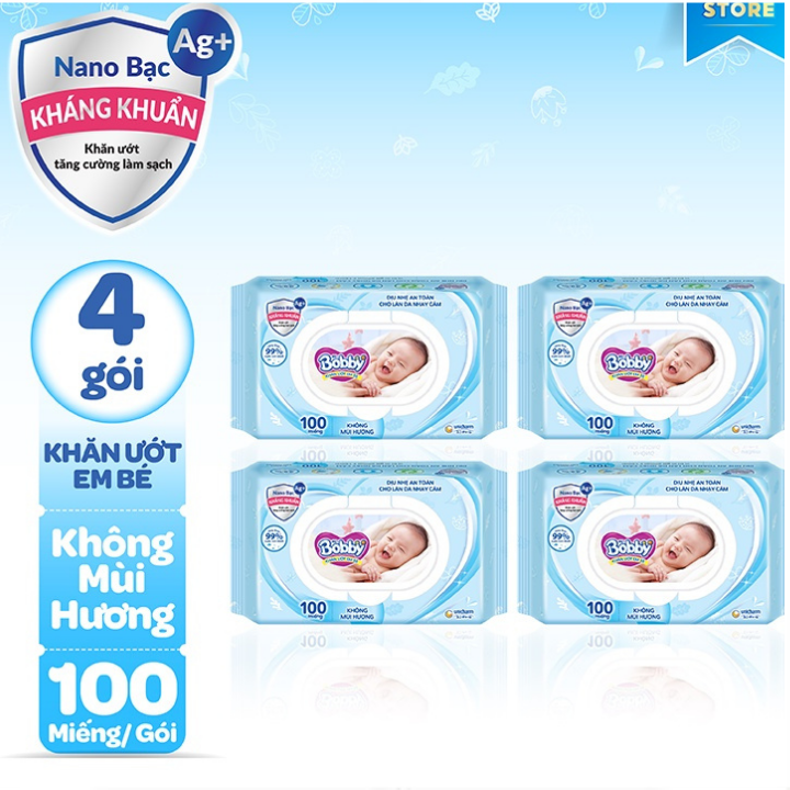 [HCM]COMBO 4 KHĂN GIẤY ƯỚT BOBBY KHÔNG MÙI 100 MIẾNG MẪU MỚI