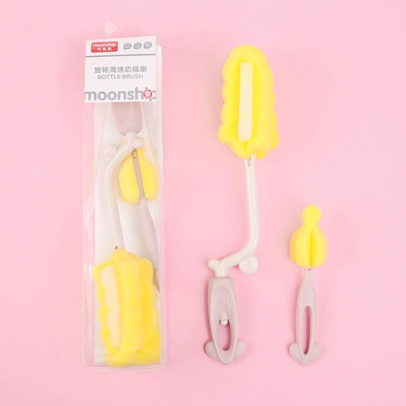 Bộ 2 Cọ Rửa Bình Sữa, Núm Ty Mút Xốp Xoay 360 Độ Moonship