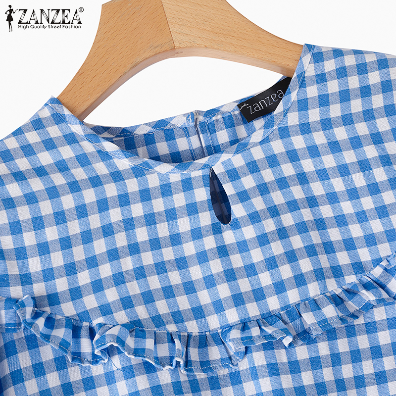 ZANZEA%20Women's%20Blouse%20Summer%20Casual%20Plaid%20Casual%20Ruffle%20Hem%203/4%20Sleeve%20Round%20Neck%20Loose%20Shirt%20Top%20-%20Image%206