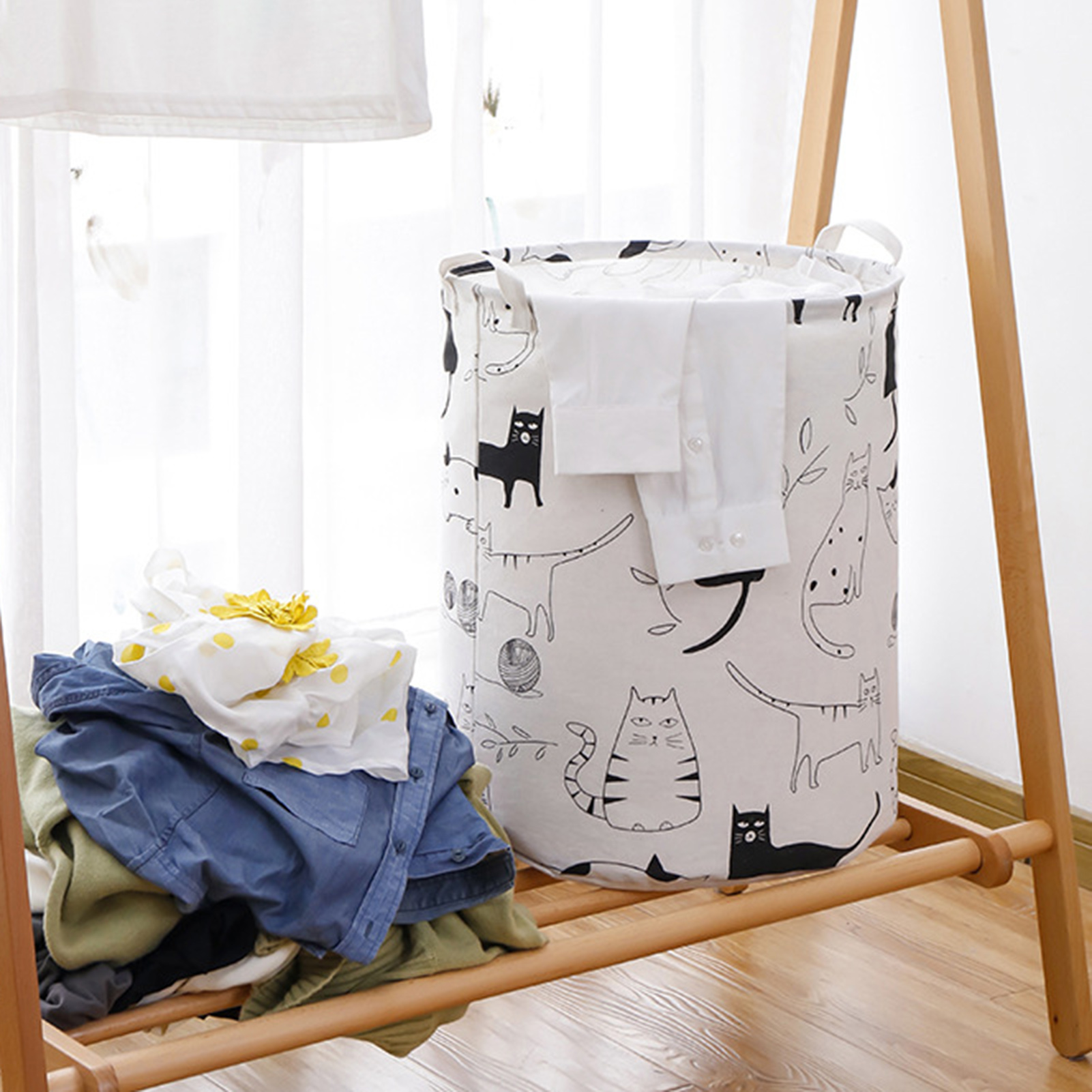 homesir Folding Laundry Basket Large Capacity Cartoon Pattern Sturdy Handle Comfortable Grip Cotton Cute Animal Print Socks Underwear Laundry Hamper Household Products