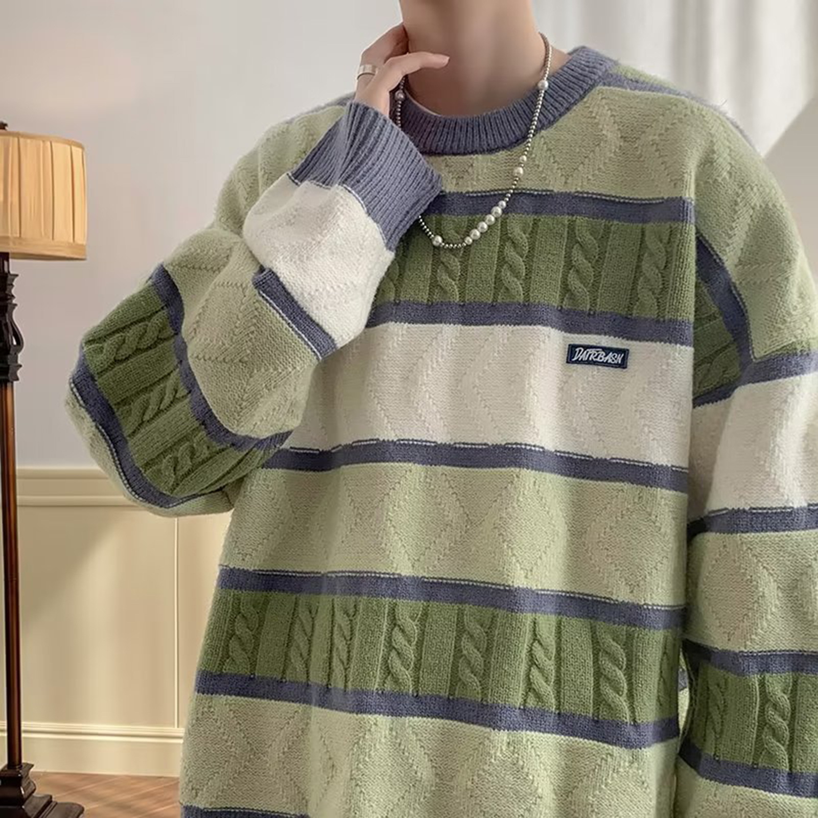 Men Sweater O-neck Knitting Pullover Men's Thick Striped Sweater Casual Winter Pullover with O-neck and Long Sleeves less Than