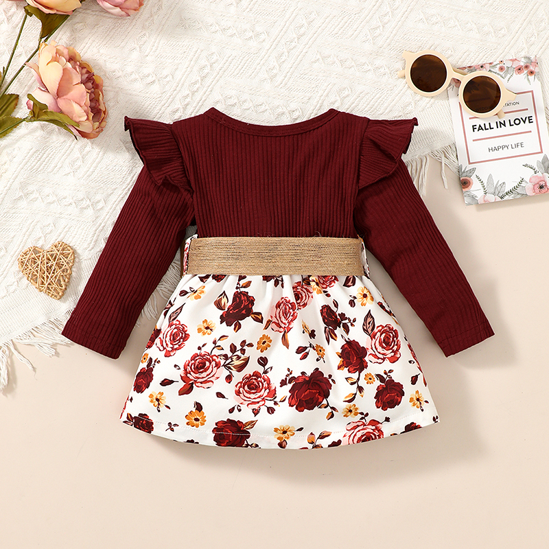 Toddler Baby Girl Spring Sweet Dress with Belt, Flower Print Ribbed Patchwork Ruffled Long Sleeve A-Line Dress