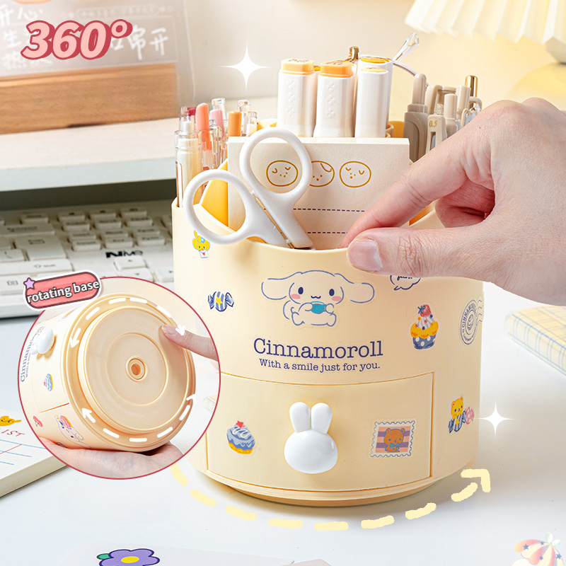 【LuckyBabyFans Store】360° Rotating Sanrio Kuromi Pen Holder Organizer Girls Large Capacity Stationery Box Kawaii Stikers Cinnamoroll.
