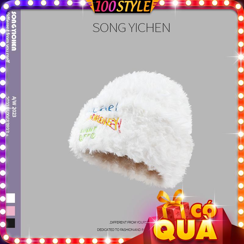 Nón lông xù dày ấm áp phối chữ màu trẻ trung - 100style