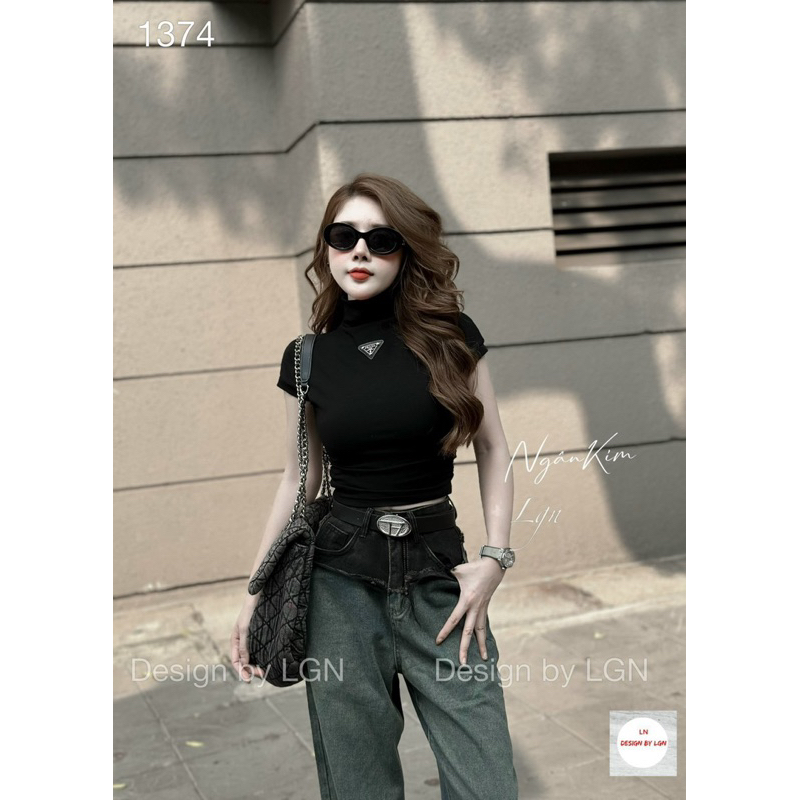 Áo croptop cổ lọ logo hiệu bg