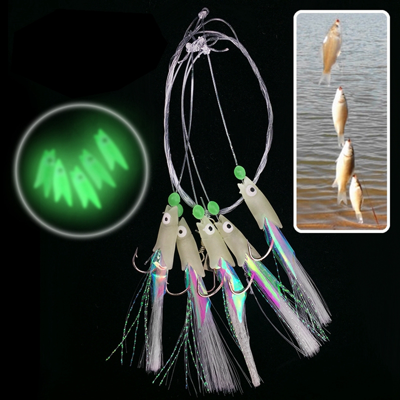 1pcs 5 size optional 5 In 1 Luminous Sabiki Soft Fishing Lure Hook Fishing  String Hook During Dark Night Fishing Tackle