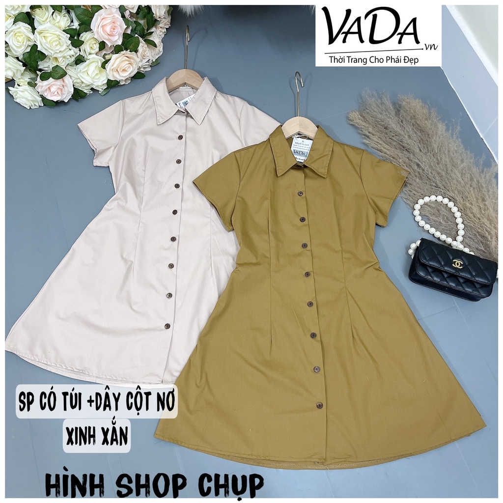 Váy Đầm Sơ Mi Thô Ngắn Tay Cổ Đức kèm dây thắt eo